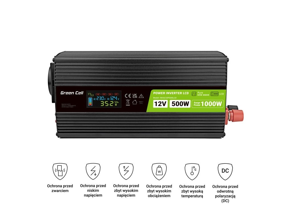 Green Cell Przetwornica napicia PowerInverter LCD 12 V 500W/1000W Przetwornica samochodowa z wywietlaczem - czysty sinus adaptateur de puissance & onduleur Auto