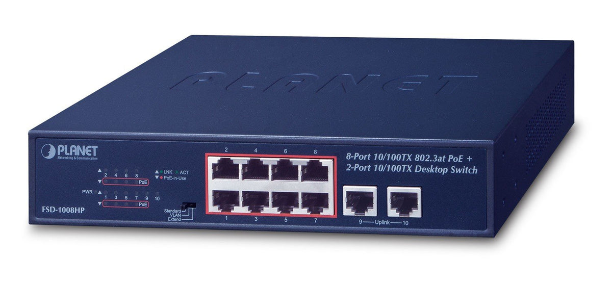 PLANET FSD-1008HP commutateur réseau Non-géré Fast Ethernet (10/100) Connexion Ethernet, supportant l'alimentation via ce port (PoE) 1U Bleu