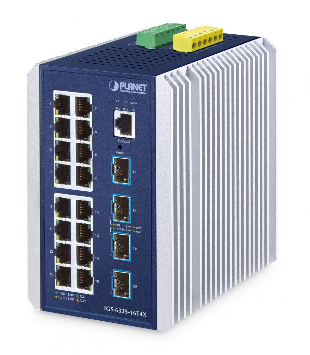 PLANET IP30 Industrial L3 16-Port Géré Gigabit Ethernet (10/100/1000) Aluminium, Bleu