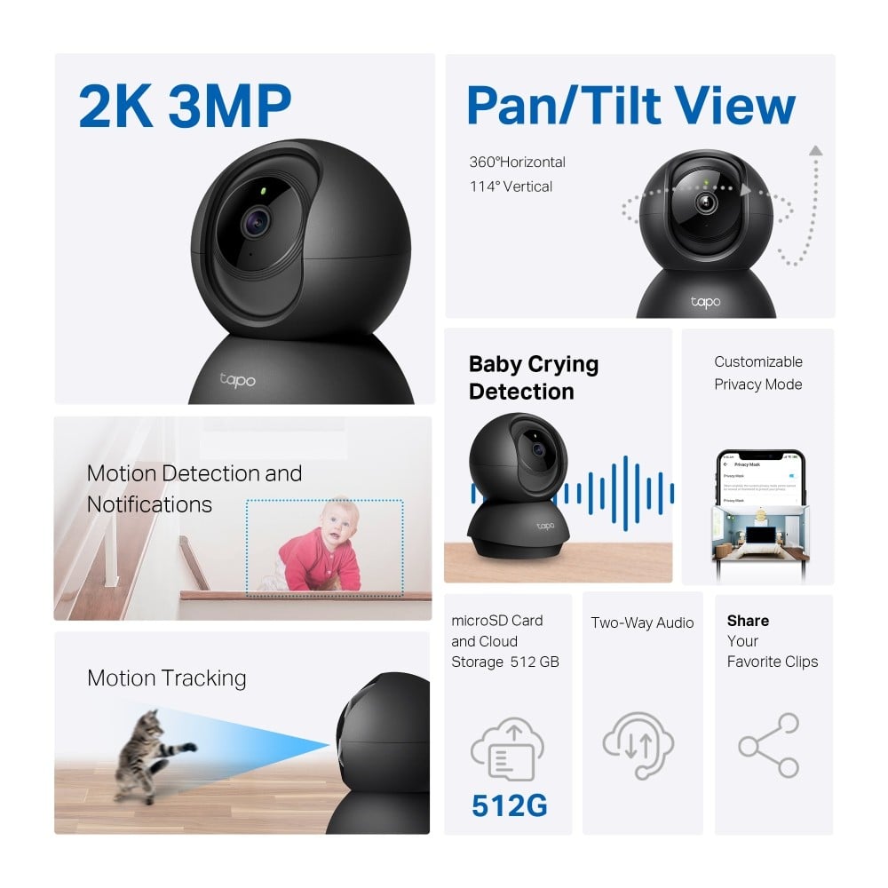 TP-LINK TAPO C211 Pan/Tilt Home Security Wi-Fi Camera 360/114deg 2K 3MP black