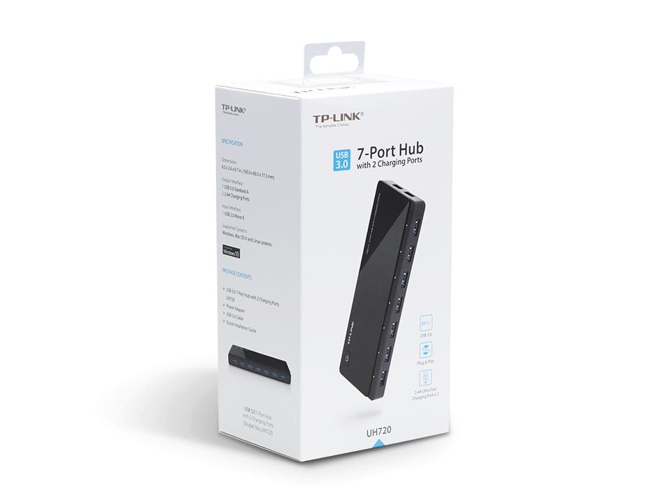 TP-LINK 7 ports USB 3.0 Hub with 2 power charge ports 2.4A Max Desktop a 12V/4A power adapter included