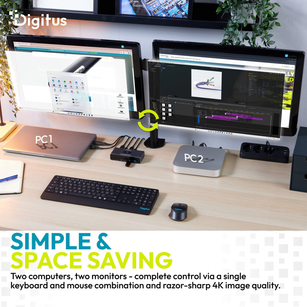 Digitus DS-12856 Commutateur KVM HDMI 2x2 | UHD 4K@60Hz | 3x USB-A 3.1 Gen1 | 1x USB-C USB 3.1 Gen1 | Audio | Core Line
