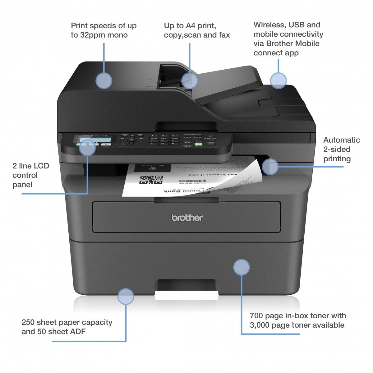 BROTHER MFC-L2800DW MFP Mono B/W laser A4 32ppm copy 32ppm print 250 sheets USB 2.0 LAN Wi-Fi