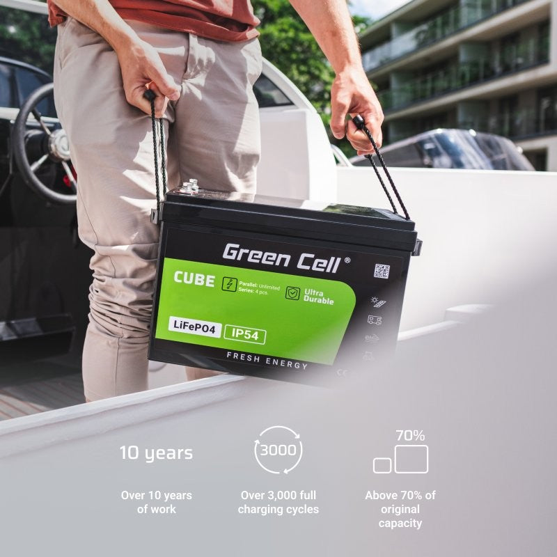 Green Cell LFPGC12V50AH CUBE Batterie LiFePO4 50Ah 12.8V 640Wh Lithium-Fer-Phosphate pour Camping-car, Chariot de golf, Éolienne