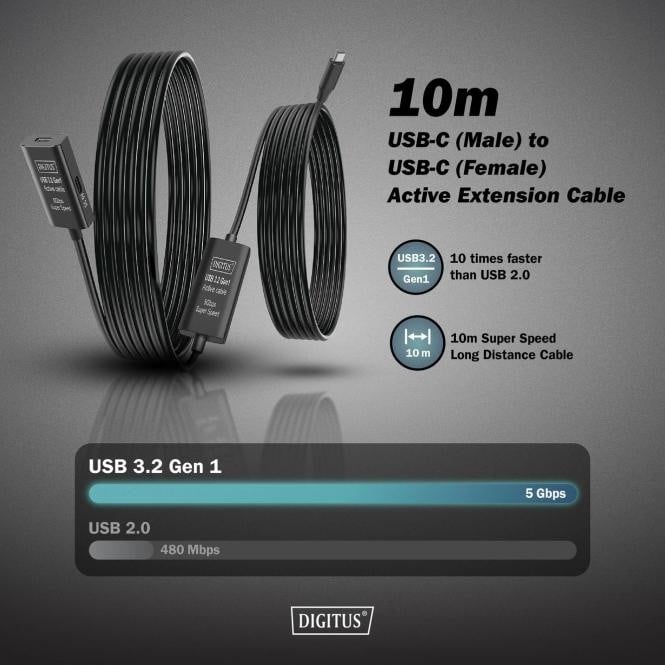 Câble d'extension actif, USB 3.2 Gen1, 5Gbps, USB-C - USB-C, 10m