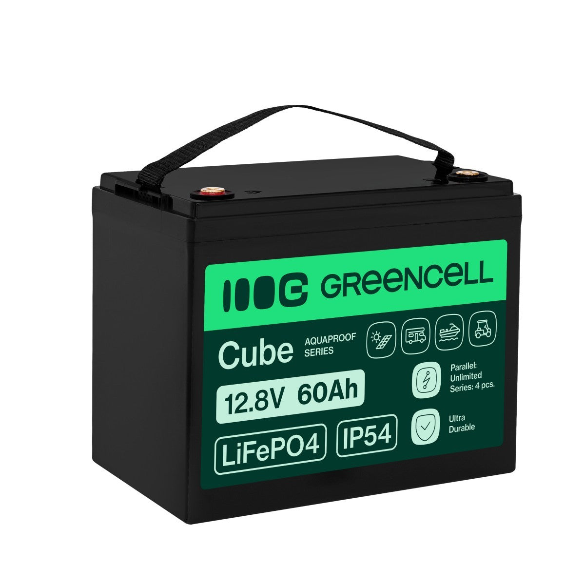 Green Cell LFPGC12V60AH CUBE Batterie LiFePO4 60Ah 12.8V 768Wh Lithium-Fer-Phosphate pour Moteurs électriques, Camping-car, Vérins