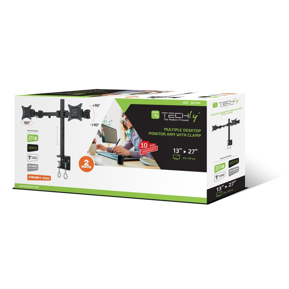 Techly ICA-LCD 482-D Support de Moniteur Double 13-27” LCD 10kg Bureau Rotatif