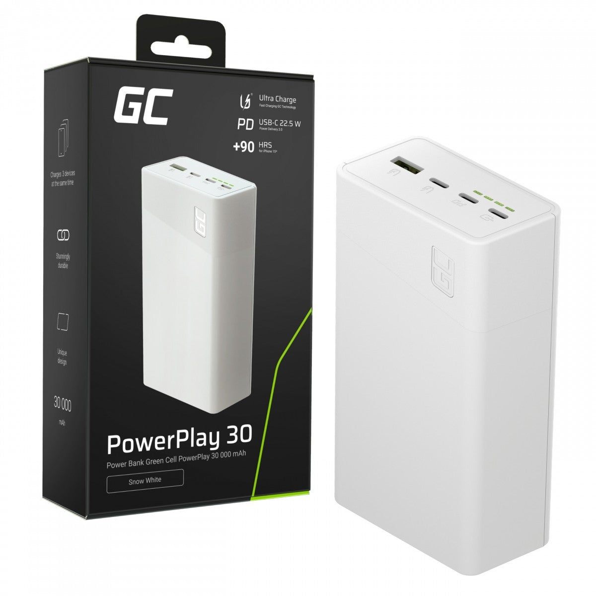 Green Cell PBGC30W PowerPlay 30 blanc powerbank 30 000mAh 22.5W 4 ports