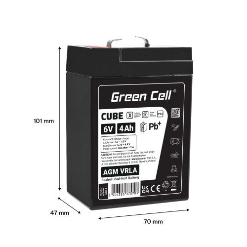 Batterie sans entretien Green Cell Cube AGM VRLA IP54 6V 4Ah pour systemes d'alarme, caisses enregistreuses, jouets