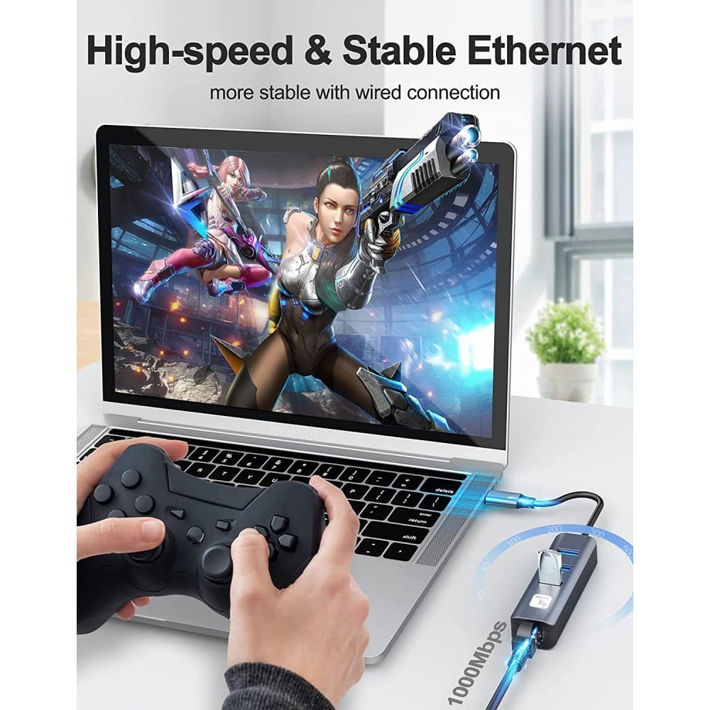 Techly IDATA USB-ETGIGA3CA Carte réseau/Adaptateur USB-C vers RJ45 Gigabit, hub 3x USB-A