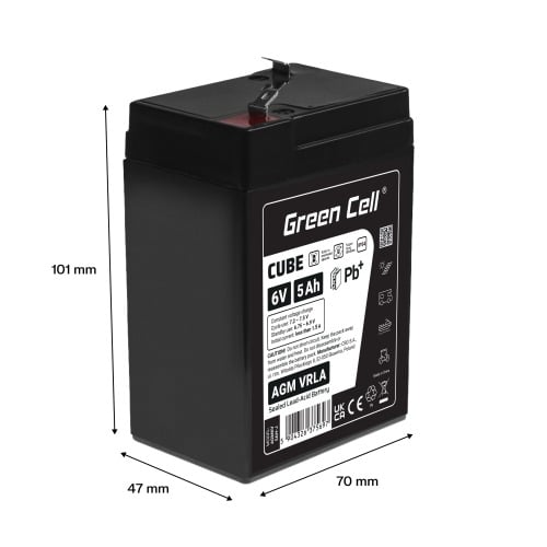 Batterie sans entretien Green Cell Cube AGM VRLA IP54 6V 5Ah pour systemes d'alarme, caisses enregistreuses, jouets