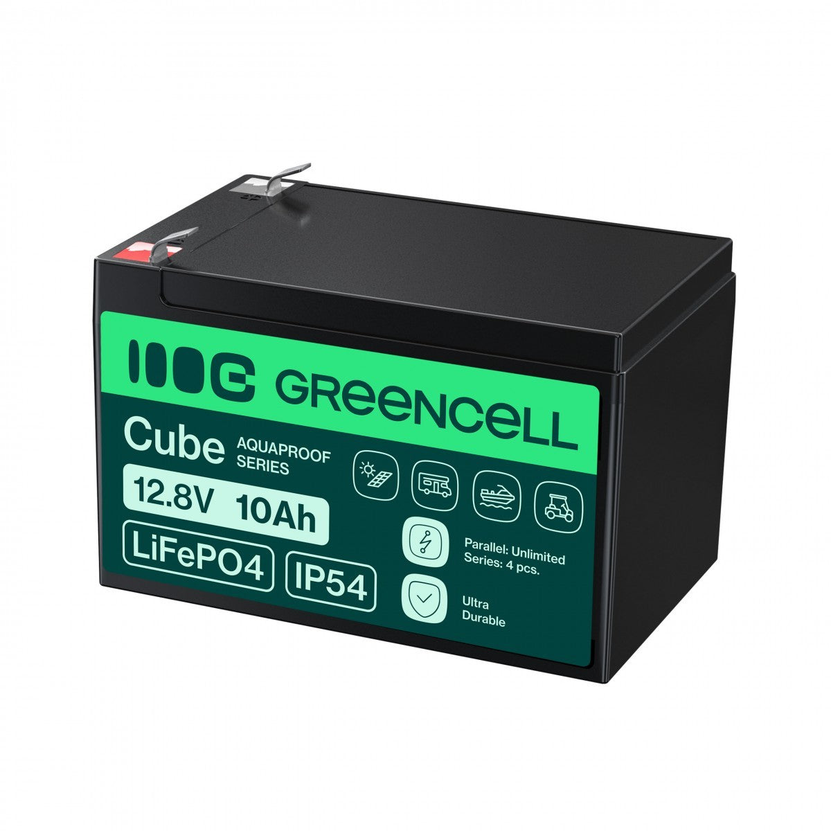 Green Cell LFPGC12V10AH CUBE Batterie LiFePO4 10Ah 12.8V 128Wh Lithium-Fer-Phosphate pour alimentation de secours et éclairage, centrales d'alarme