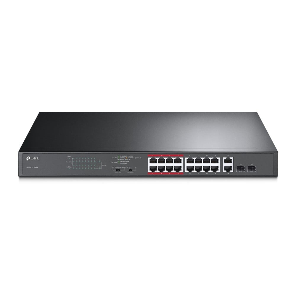 TP-LINK 16-Port 10/100Mops PoE+ Switch 16 10/100Mops RJ45 Ports 2 Gigabit RJ45 Ports 2 Combo SFP Slots 802.3at/af 192W PoE