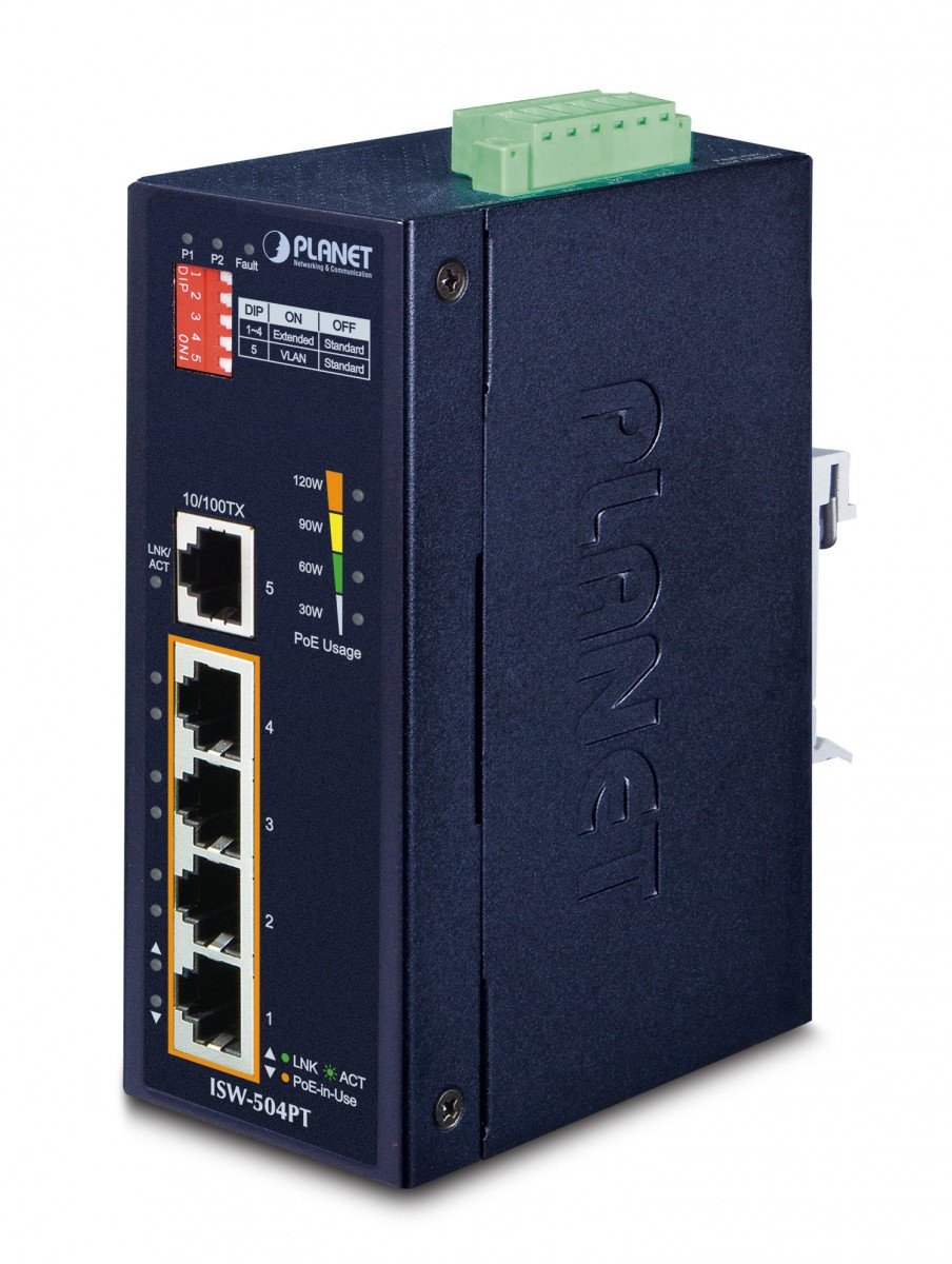 PLANET ISW-504PT commutateur réseau Non-géré L2 Fast Ethernet (10/100) Connexion Ethernet, supportant l'alimentation via ce port (PoE) Noir