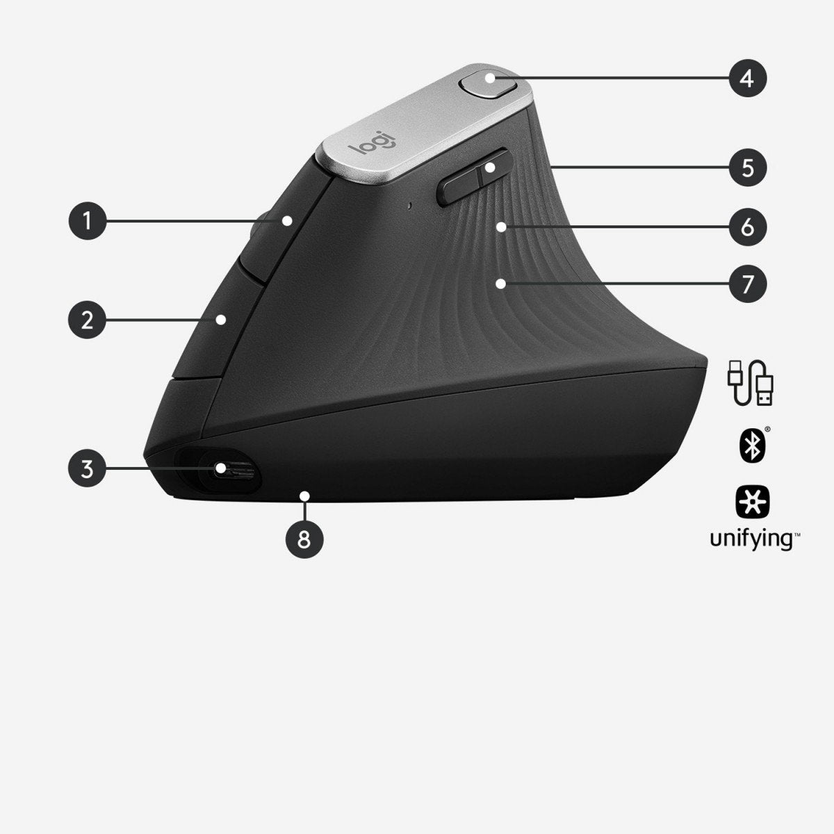 LOGITECH MX Vertical Vertical mouse ergonomic optical 6 buttons wireless wired Bluetooth 2.4 GHz USB wireless receiver graphite