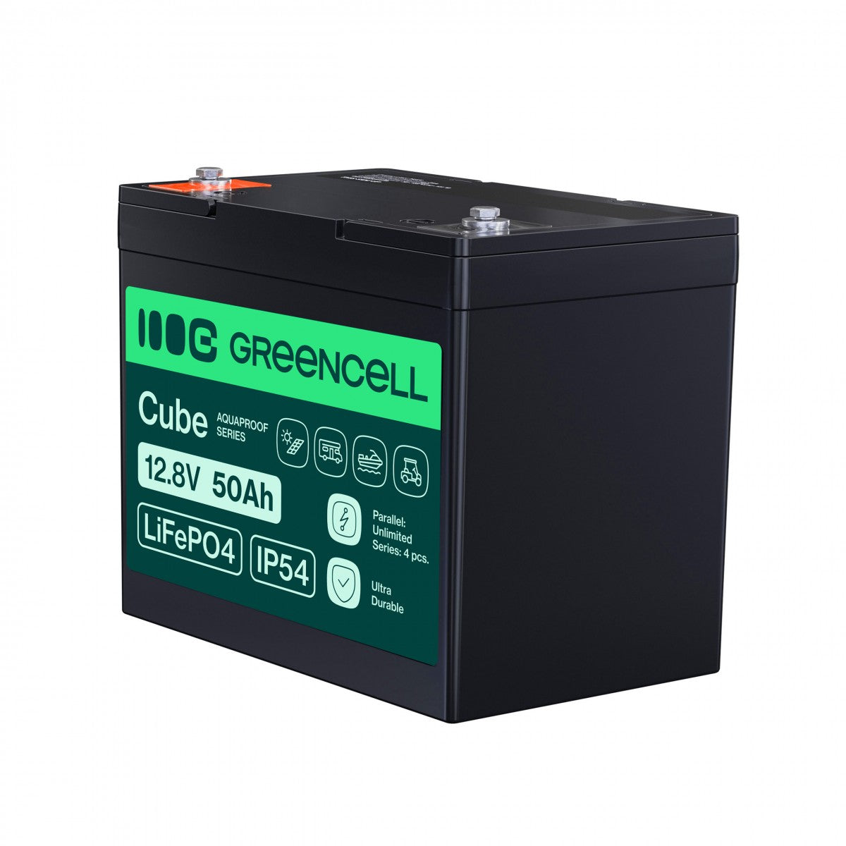 Green Cell LFPGC12V50AH CUBE Batterie LiFePO4 50Ah 12.8V 640Wh Lithium-Fer-Phosphate pour Camping-car, Chariot de golf, Éolienne