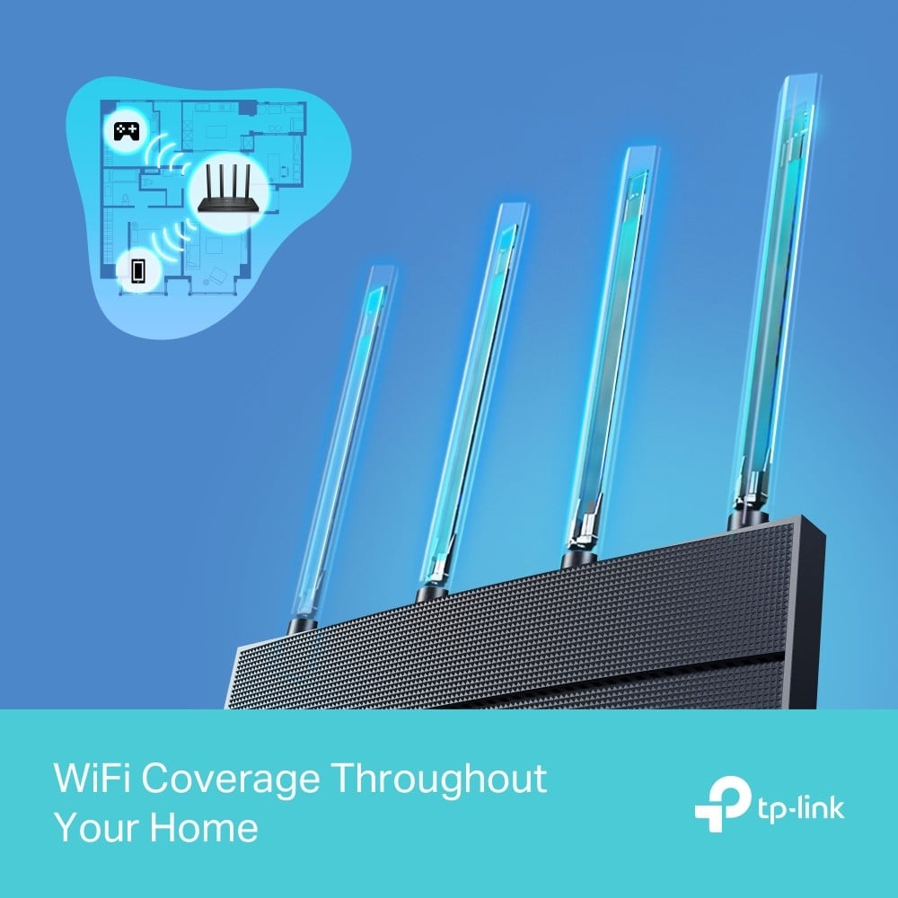 TP-LINK AX1500 Dual-Band Wi-Fi 6 Router 300Mbps at 2.4GHz + 1201Mbps at 5GHz 4x Antennas 1GHz Dual Core CPU 1x Gigabit WAN Port