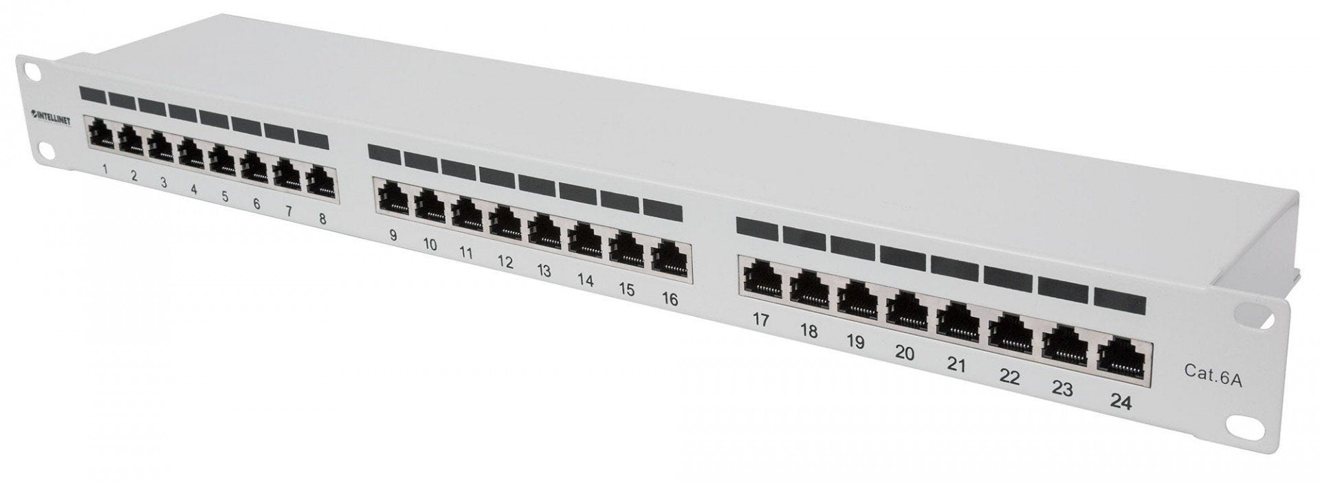 INTELLINET Panneau de brassage Cat6a blindé 24 ports FTP 1 U 90 degrés avec entrée supérieure, blocs de connexion, gris
