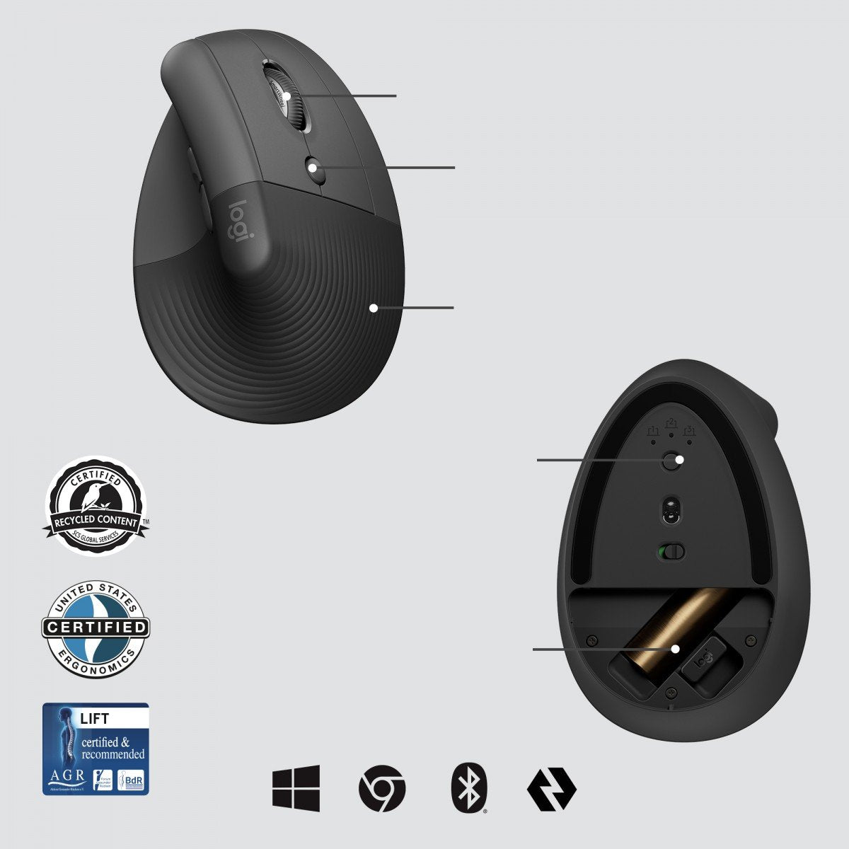 LOGITECH Lift for Business Vertical mouse ergonomic 6 buttons wireless Bluetooth 2.4 GHz Bolt USB receiver graphite