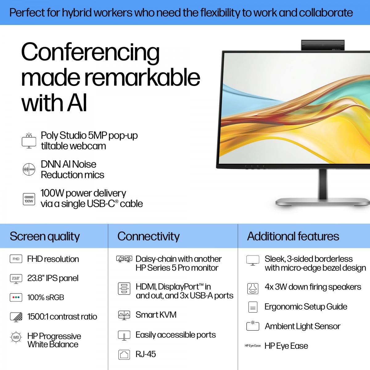 HP Écran de conférence Series 5 Pro - 534pm FHD 23.8p 1920 x 1080 HDMI DP USB-C 3/3/0  SmartBuy