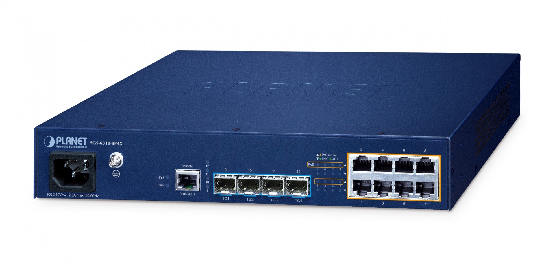 PLANET SGS-6310-8P4X commutateur réseau Géré L3 Gigabit Ethernet (10/100/1000) Connexion Ethernet, supportant l'alimentation via ce port (PoE) Bleu
