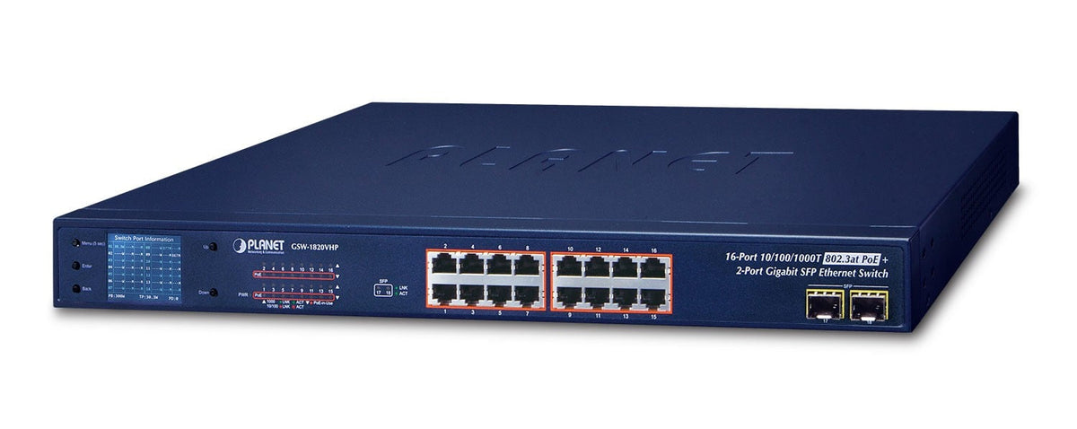 PLANET GSW-1820VHP commutateur réseau Non-géré Gigabit Ethernet (10/100/1000) Connexion Ethernet, supportant l'alimentation via ce port (PoE) 1U Bleu