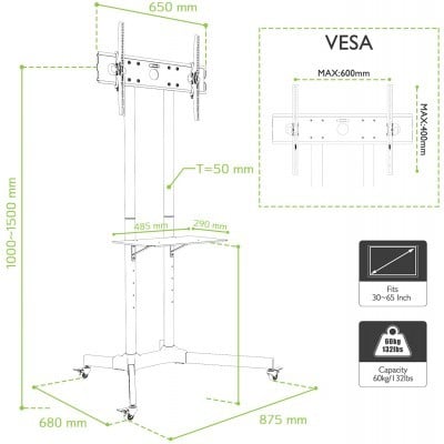 "Techly ICA-TR6 Support TV mobile 30-65"" jusqu'a 60kg étagere AV réglable"