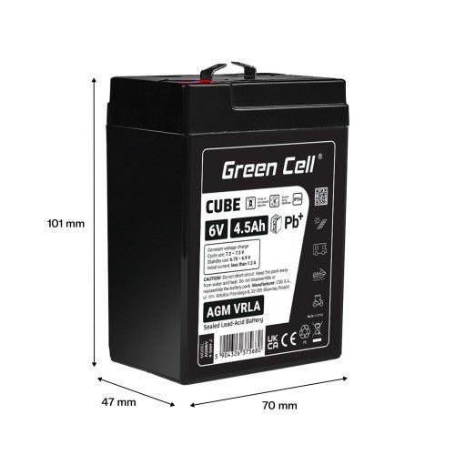 Batterie sans entretien Green Cell Cube AGM VRLA IP54 6V 4.5Ah pour systemes d'alarme, caisses enregistreuses, jouets
