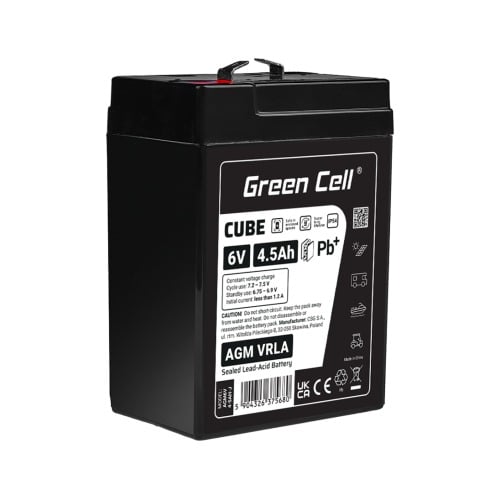Batterie sans entretien Green Cell Cube AGM VRLA IP54 6V 4.5Ah pour systemes d'alarme, caisses enregistreuses, jouets