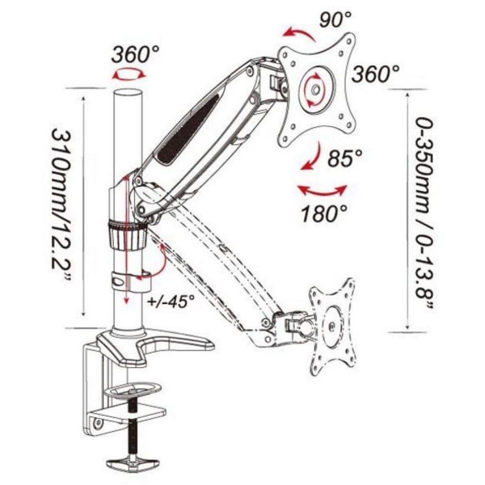 "Support de moniteur Techly ICA-LCD 111-BK 15-27"" LCD 8kg a ressort a gaz rotatif de bureau"