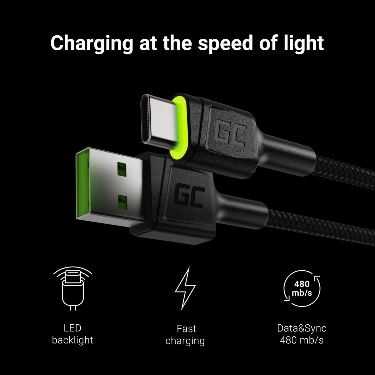 Green Cell KABGC13 câble USB 2 m USB 2.0 USB A USB C Noir