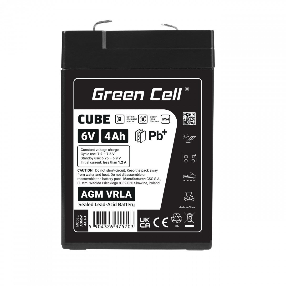 Batterie sans entretien Green Cell Cube AGM VRLA IP54 6V 4Ah pour systemes d'alarme, caisses enregistreuses, jouets