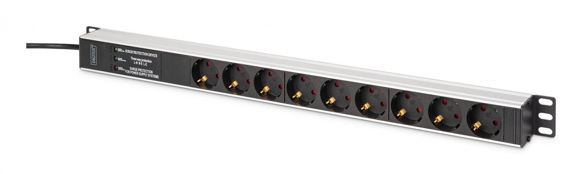 Barre d'alimentation PDU Rack (620 mm) avec protection contre les surtensions + filtre EMI/RFI, 9 prises Schuko CEE 7/3 (45°), câble de 2 m, fiche Unischuko CEE