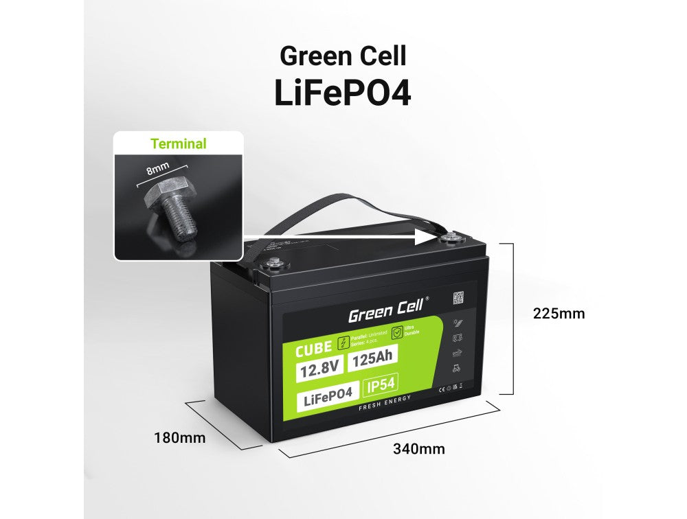 Green Cell LFPGC12V125AH CUBE LiFePO4 125Ah 12.8V 1600Wh Batterie Lithium-Fer-Phosphate pour Camping-car, Solaire, Off-Grid, Bateau