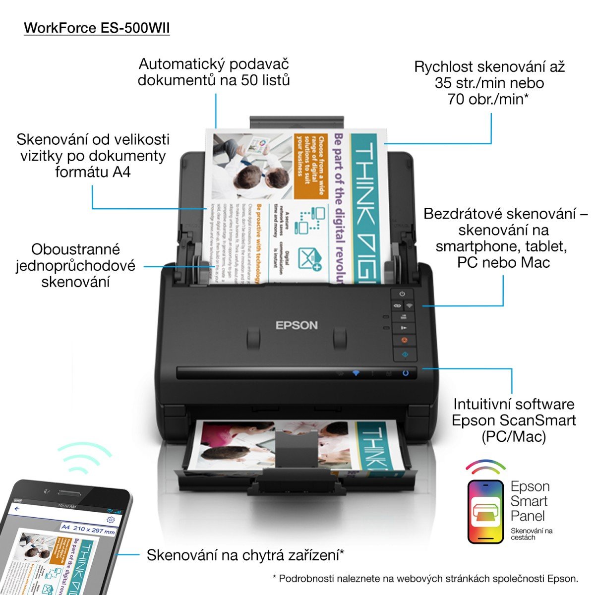EPSON WorkForce ES-580W Document scanner Contact Image Sensor CIS Duplex 600x600dpi 35ppm ADF 100sheets 4000scans/d USB Wi-Fi