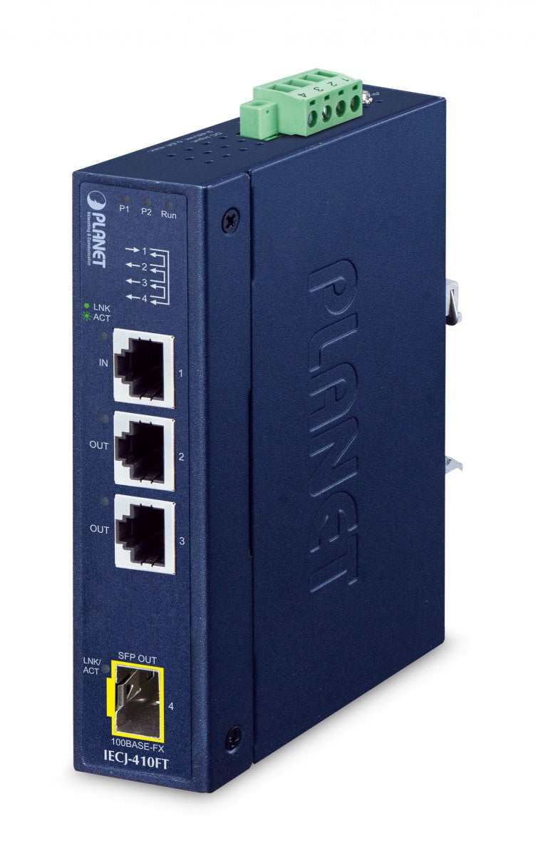 Planet IECJ-410FT Industrial 3-Port RJ45 + 1-Port SFP EtherCAT Junction Slave (-40~75 degrees C, dual 9~48V DC, 1 x 100TX RJ45 IN, 2 x 100TX RJ45 OUT, 1 x 100FX