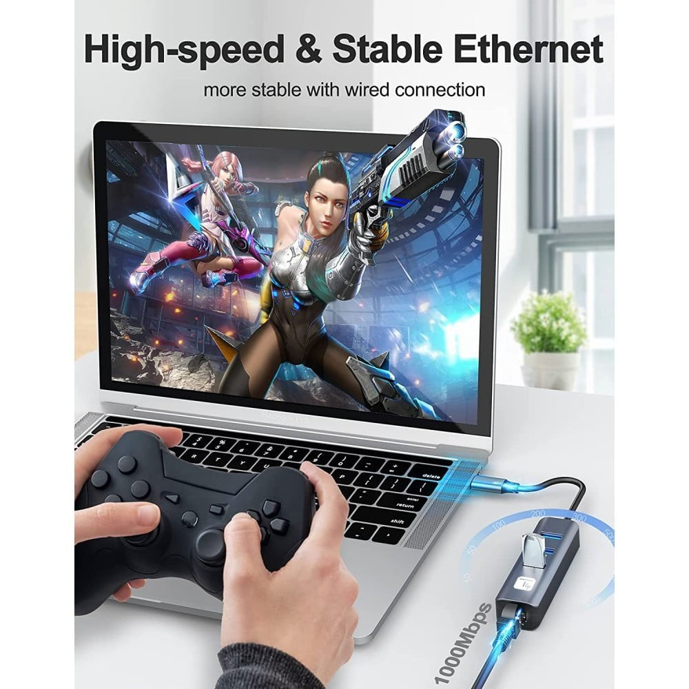 Techly IDATA USB-ETGIGA3CA Carte réseau/Adaptateur USB-C vers RJ45 Gigabit, hub 3x USB-A