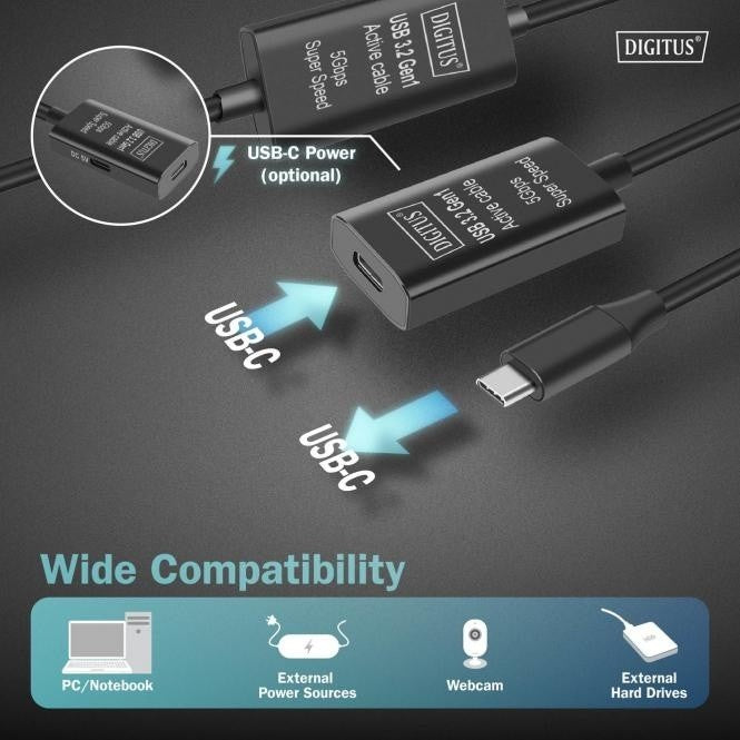 Câble d'extension actif, USB 3.2 Gen1, 5Gbps, USB-C - USB-C, 10m