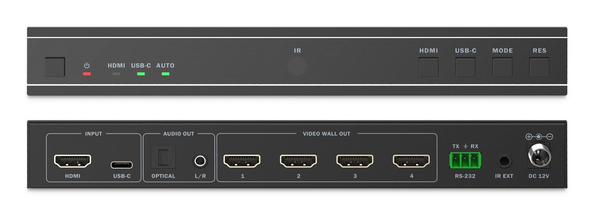 Contrôleur de mur vidéo 1xHDMI/USB-C (DP 1.2a) vers 4xHDMI 4K/30Hz, USB-C, Audio 3.5mm, S/PDIF, contrôle RS232 IR, 8 modes d'affichage