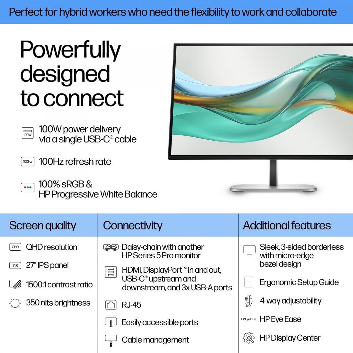 HP Écran Series 5 Pro LED - 527pu QHD 27p 2560 x 1440 HDMI DP USB-C 3/3/0