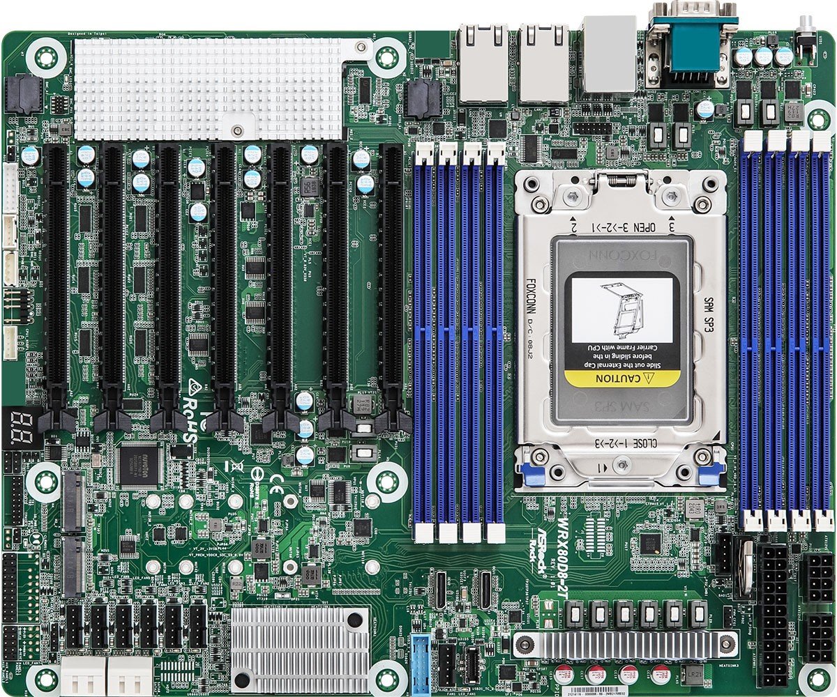 ASRock WRX80D8-2T, 1xSKT SP3, AMD Ryzen Threadripper PRO, WRX80, NVMe, SATA, 2xM.2, 2x10GbE, IPMI