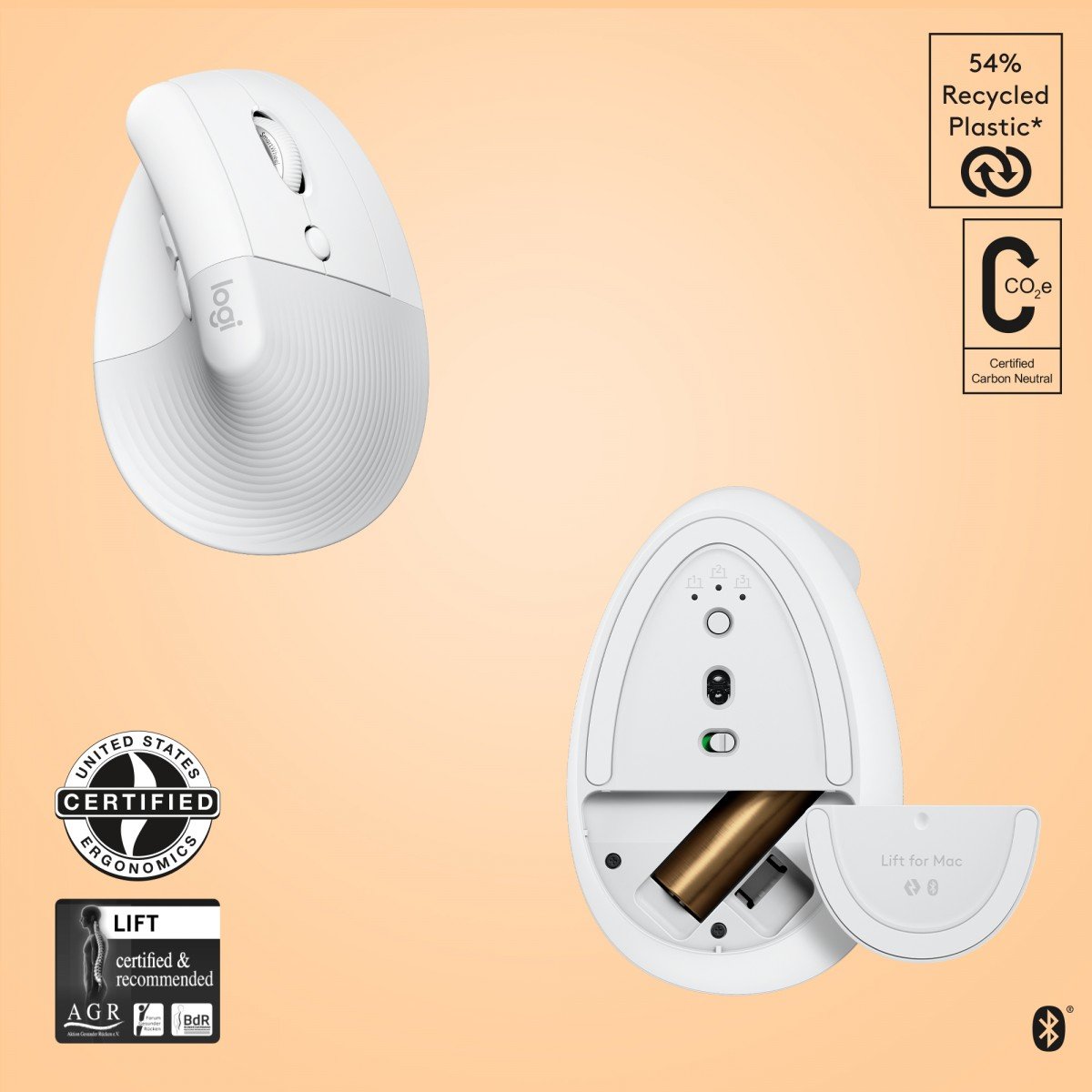 LOGITECH Lift for Mac Vertical mouse ergonomic optical 6 buttons wireless Bluetooth Bolt USB receiver off-white