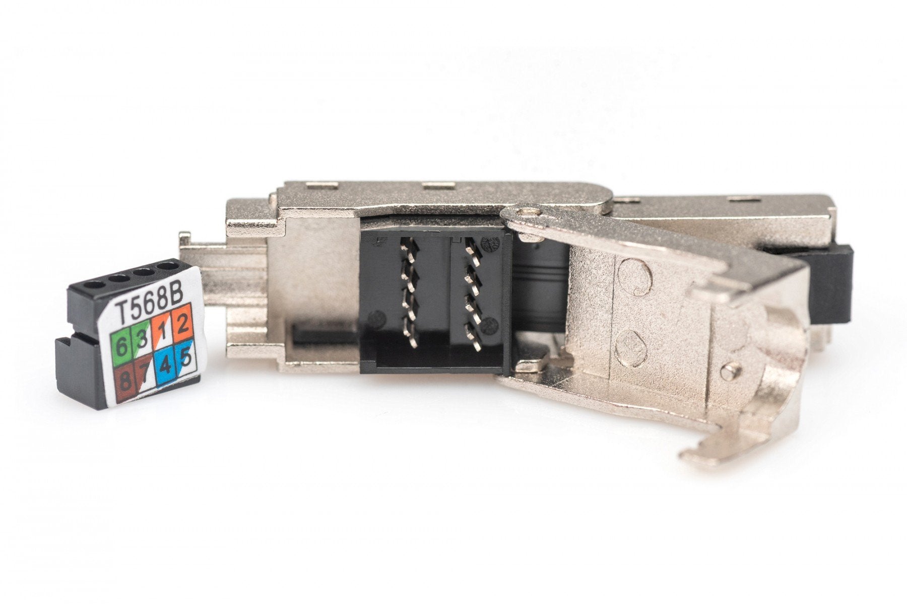 Prise modulaire coudée RJ45 cat.6A, PoE+, 10GbE, STP, métal, sans outil, AWG 27-22, toronné/plein