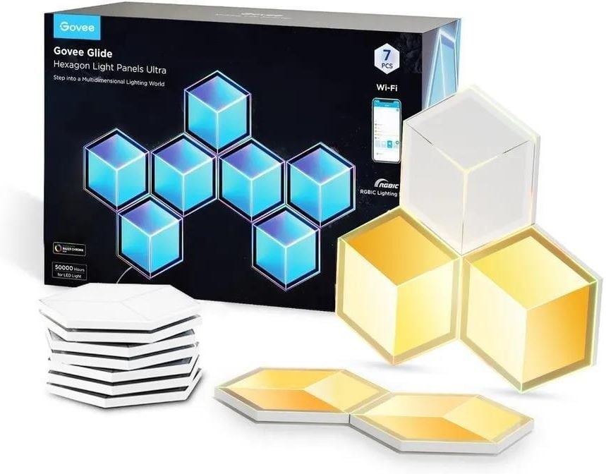 Govee H606A Glide Hexagon Light Panels Ultra 7-pack | Éclairage LED | RGBIC, 2.4GHz Wi-Fi, Bluetooth