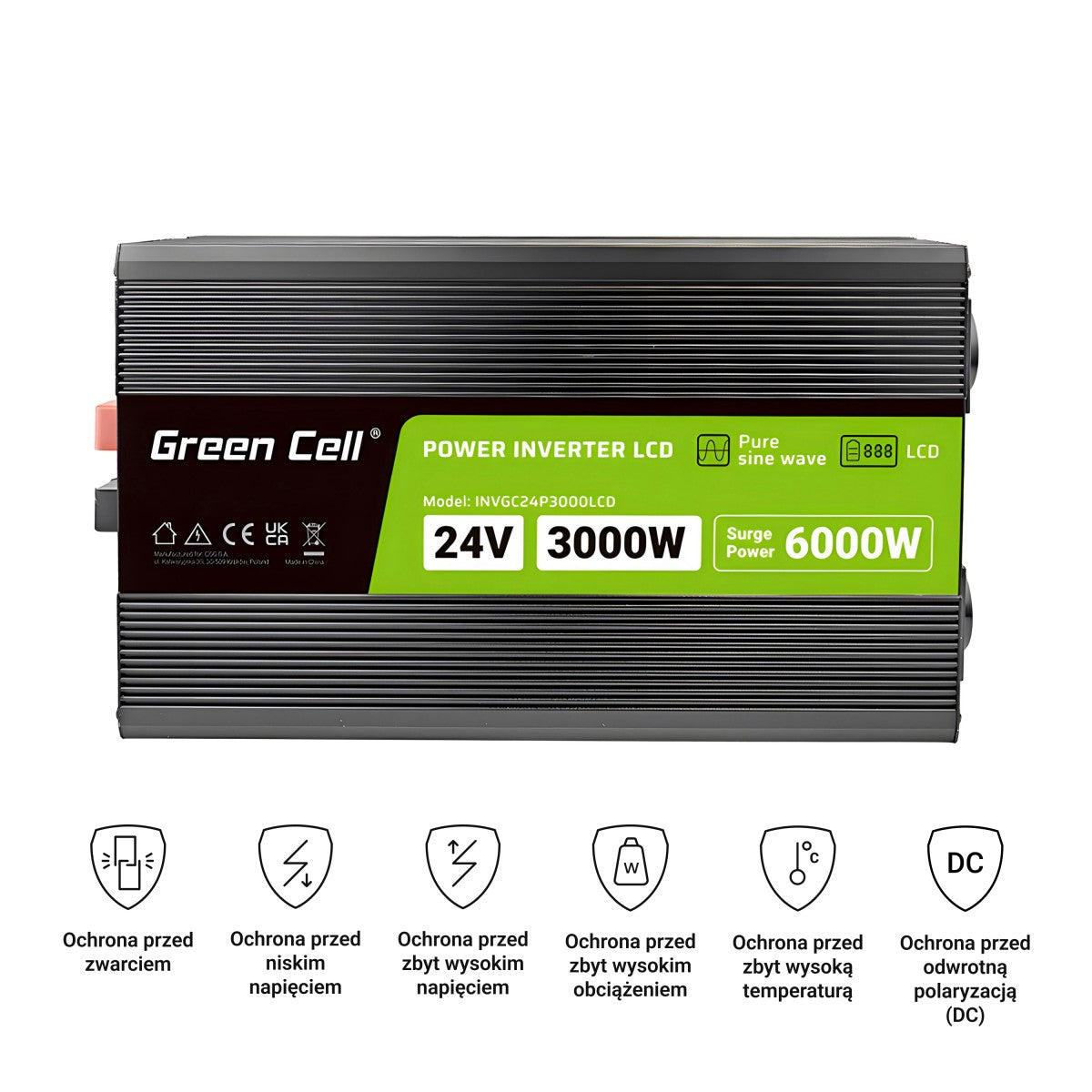 Green Cell Przetwornica napicia PowerInverter LCD 24 V 3000W/60000W Przetwornica samochodowa z wywietlaczem - czysty sinus adaptateur de puissance & onduleur Au