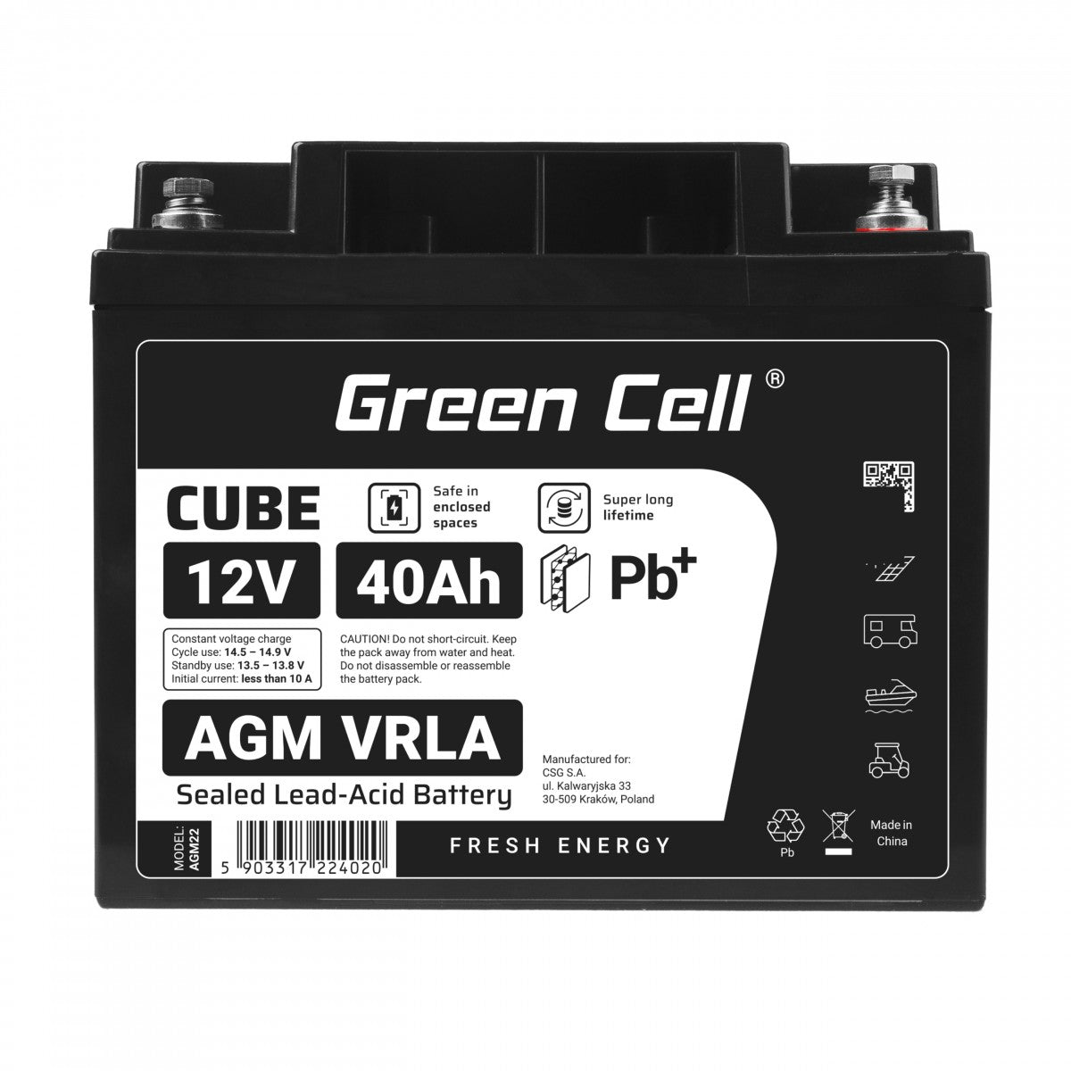 Batterie sans entretien Green Cell Cube AGM VRLA IP54 12V 40Ah pour tondeuses a gazon, scooters, bateaux et fauteuils roulants