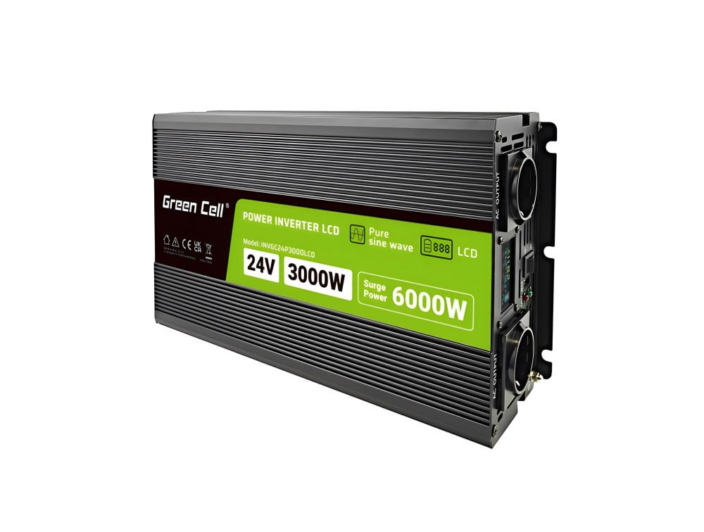Green Cell Przetwornica napicia PowerInverter LCD 24 V 3000W/60000W Przetwornica samochodowa z wywietlaczem - czysty sinus adaptateur de puissance & onduleur Au