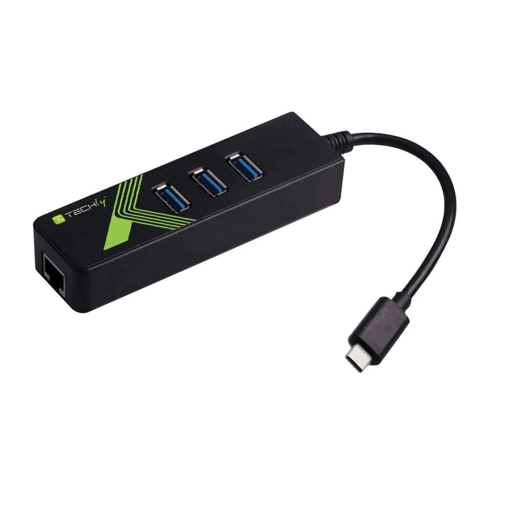 Techly IDATA USB-ETGIGA-3C2 Carte réseau/adaptateur USB-C vers RJ45 Gigabit, hub 3x USB 3.0