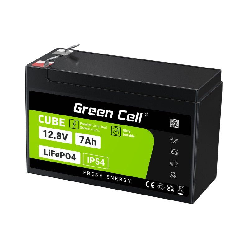 Green Cell LFPGC12V7AH CUBE Batterie LiFePO4 7Ah 12.8V 89.6Wh Lithium-Fer-Phosphate pour alimentations UPS, Surveillance de sécurité