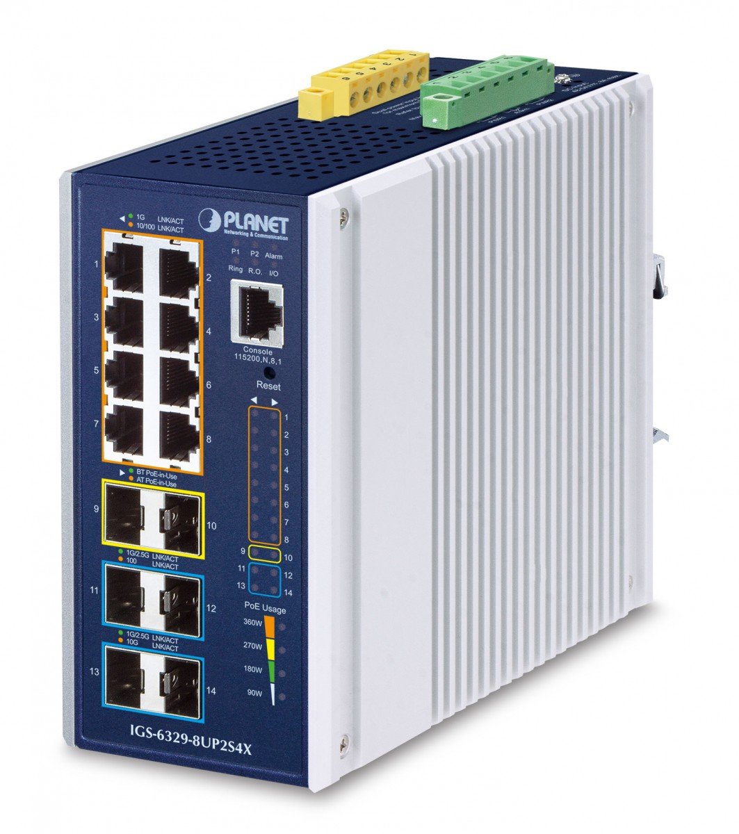 PLANET Industrial L3 8-Port Géré Gigabit Ethernet (10/100/1000) Connexion Ethernet, supportant l'alimentation via ce port (PoE) Aluminium, Bleu